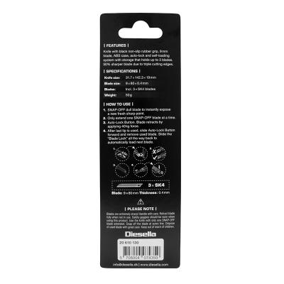 Kniv med Non-Slip gummigreb, 9 mm knivblad, Autolås og magasin med 2 ekstra knivblade